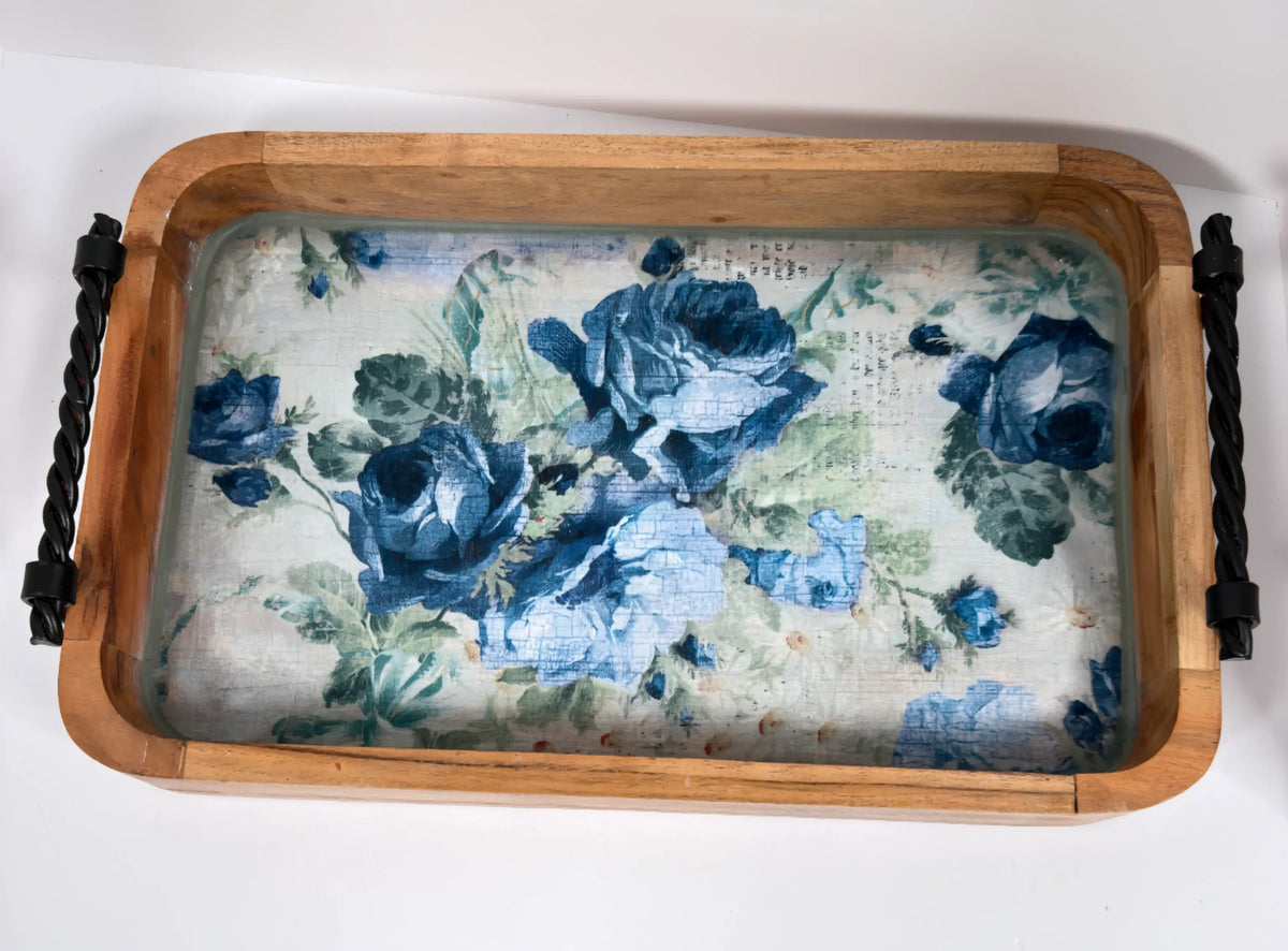 Blue Rose Wood Tray, 16 x 10 Inches Decorative Tray, Iron Handles