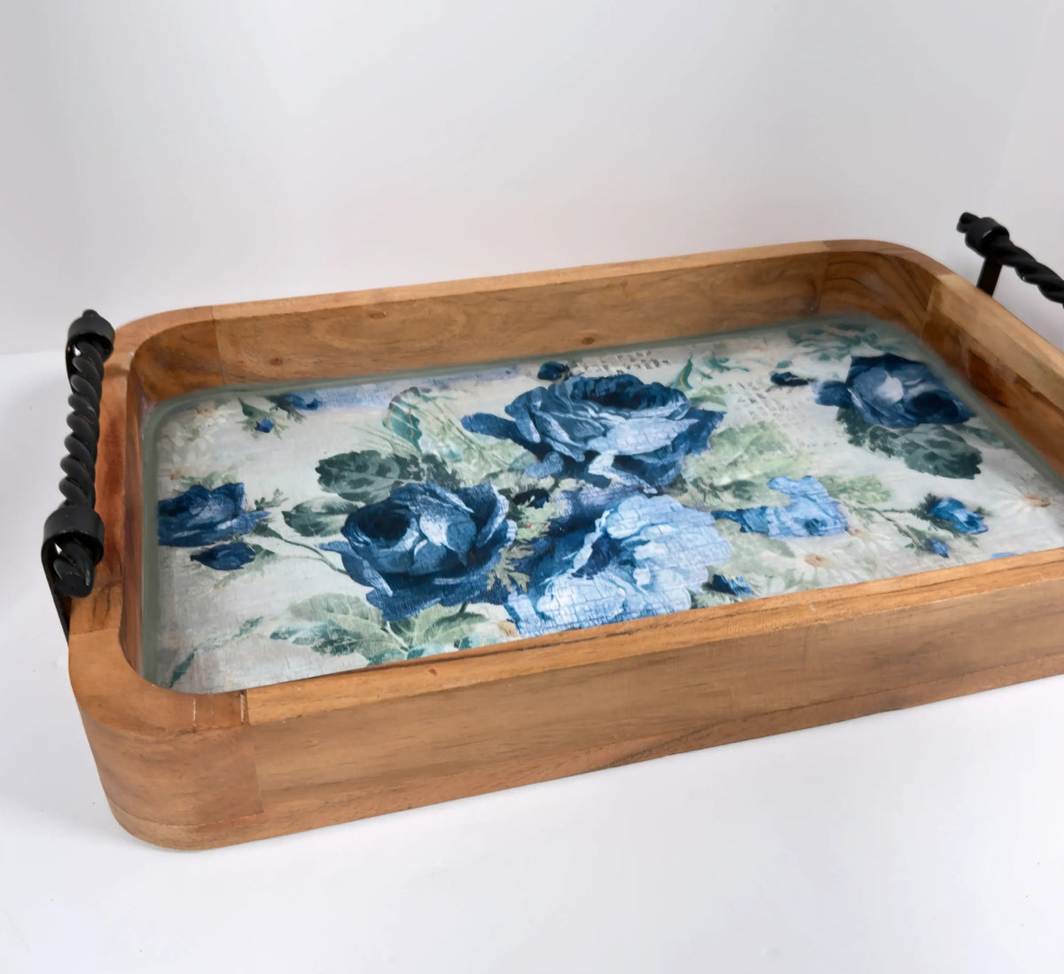 Blue Rose Wood Tray, 16 x 10 Inches Decorative Tray, Iron Handles