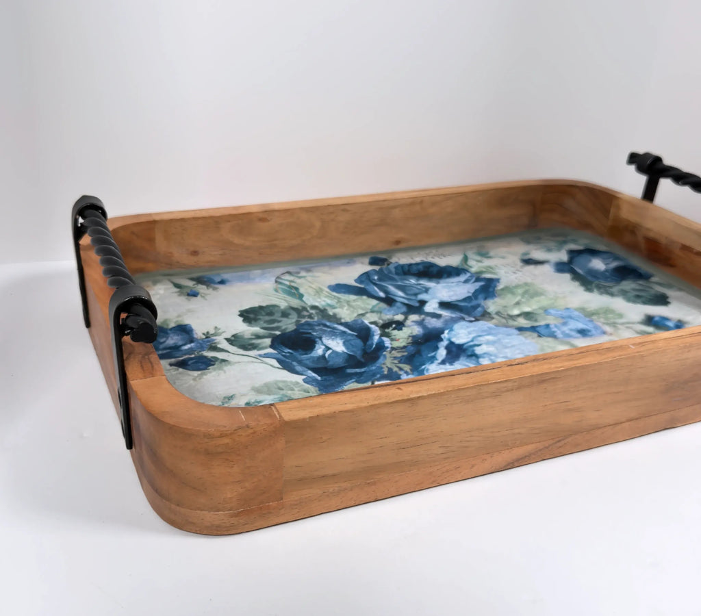 Blue Rose Wood Tray, 16 x 10 Inches Decorative Tray, Iron Handles