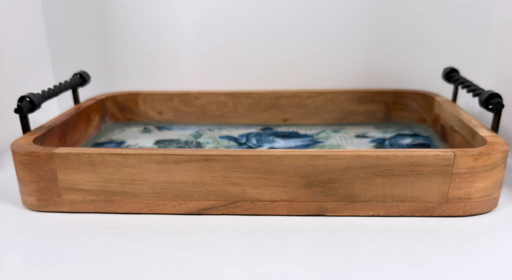 Blue Rose Wood Tray, 16 x 10 Inches Decorative Tray, Iron Handles