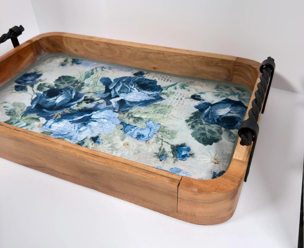 Blue Rose Wood Tray, 16 x 10 Inches Decorative Tray, Iron Handles