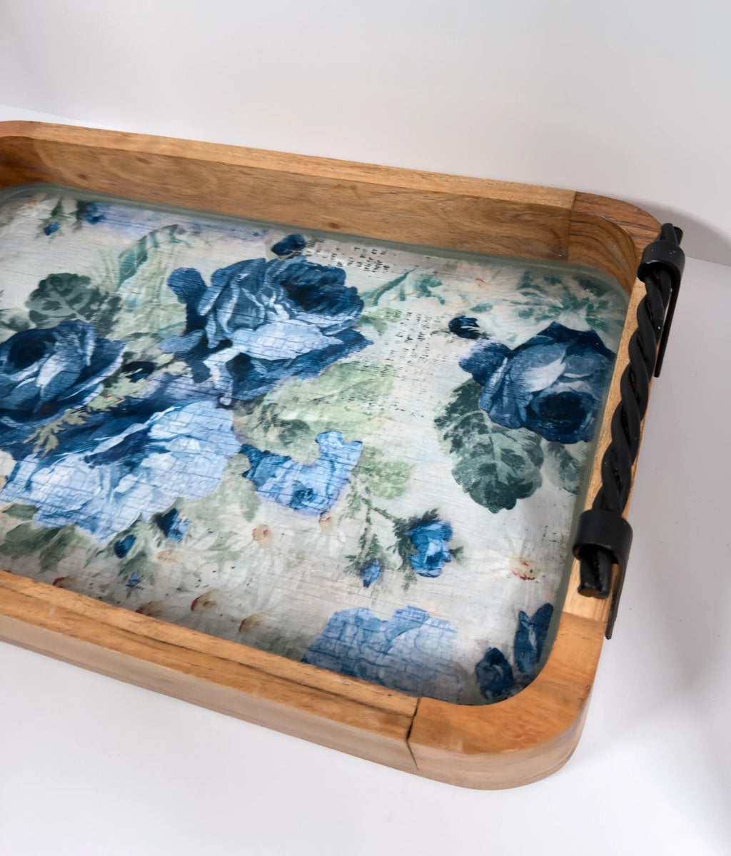 Blue Rose Wood Tray, 16 x 10 Inches Decorative Tray, Iron Handles