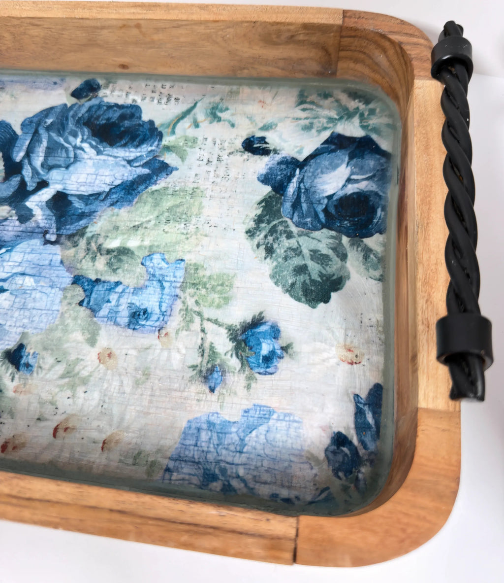 Blue Rose Wood Tray, 16 x 10 Inches Decorative Tray, Iron Handles
