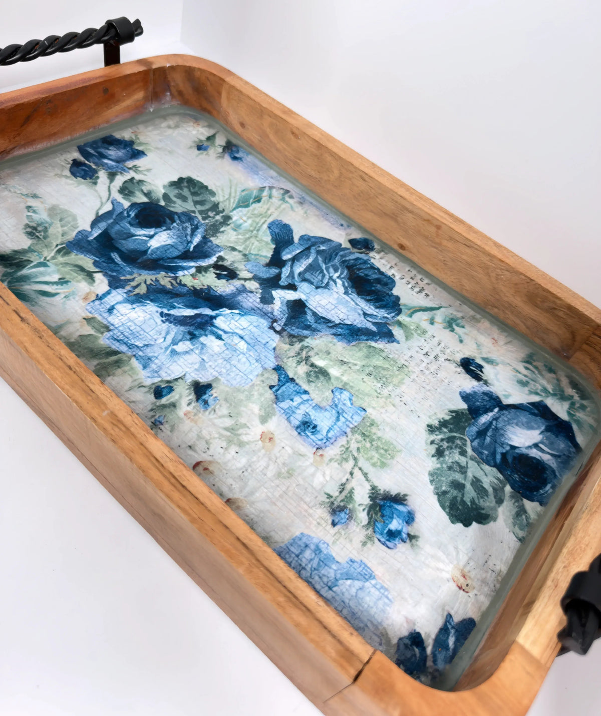 Blue Rose Wood Tray, 16 x 10 Inches Decorative Tray, Iron Handles