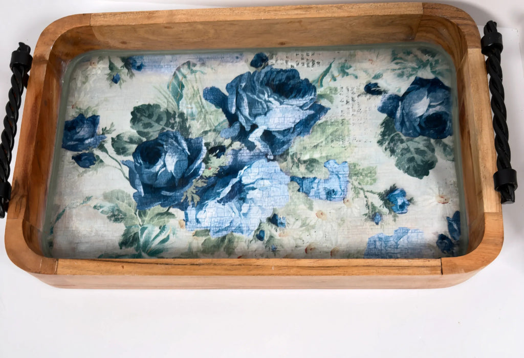 Blue Rose Wood Tray, 16 x 10 Inches Decorative Tray, Iron Handles