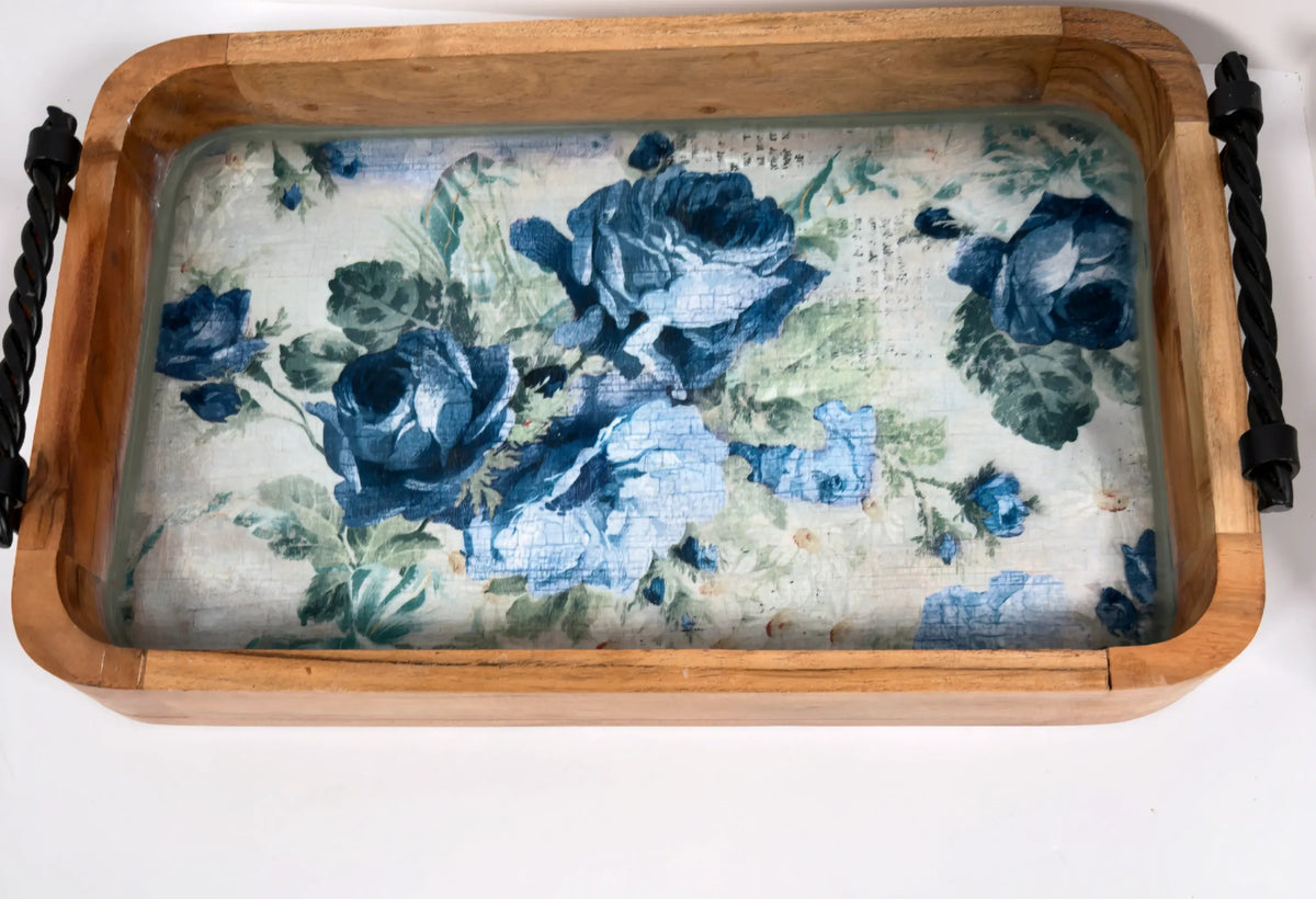Blue Rose Wood Tray, 16 x 10 Inches Decorative Tray, Iron Handles