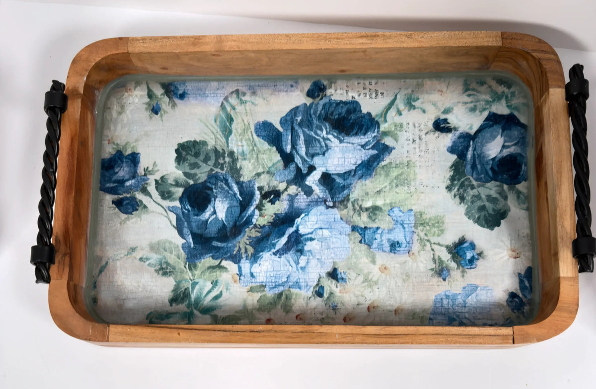 Blue Rose Wood Tray, 16 x 10 Inches Decorative Tray, Iron Handles