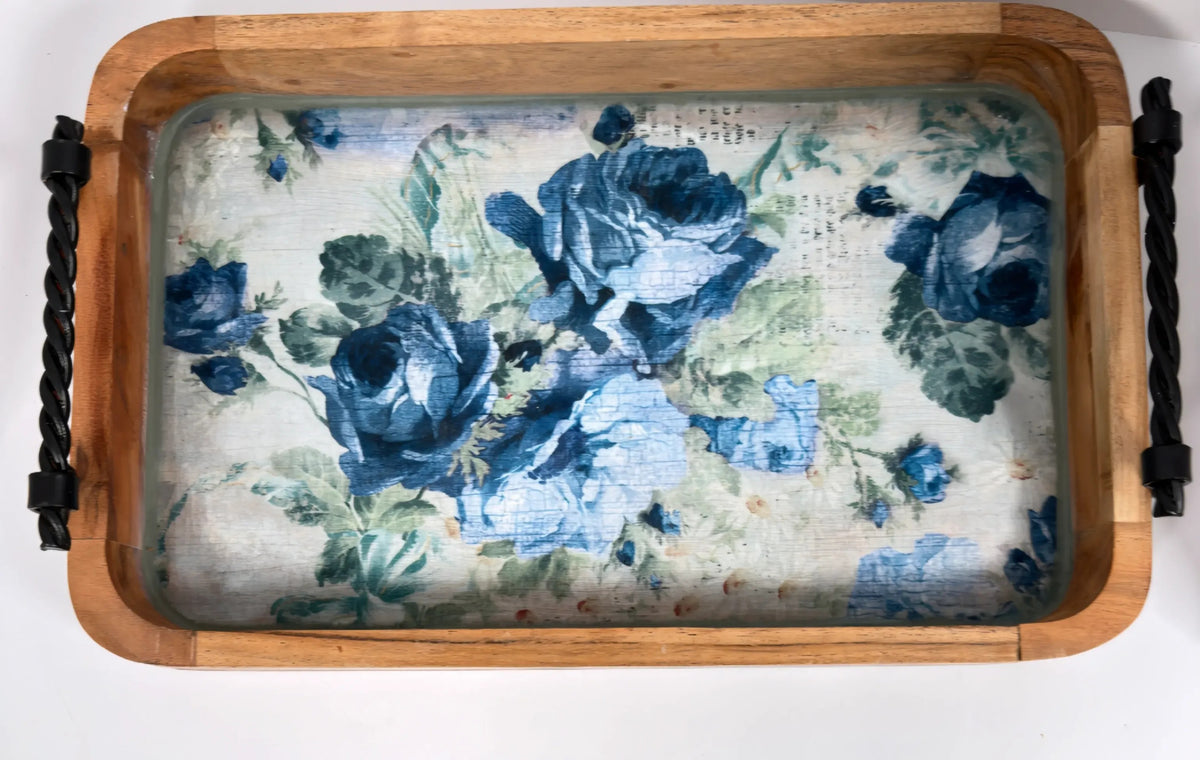 Blue Rose Wood Tray, 16 x 10 Inches Decorative Tray, Iron Handles