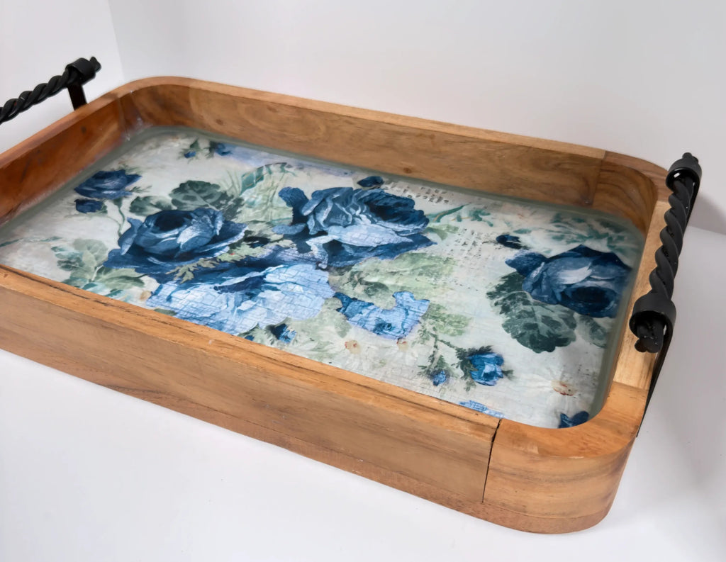 Blue Rose Wood Tray, 16 x 10 Inches Decorative Tray, Iron Handles