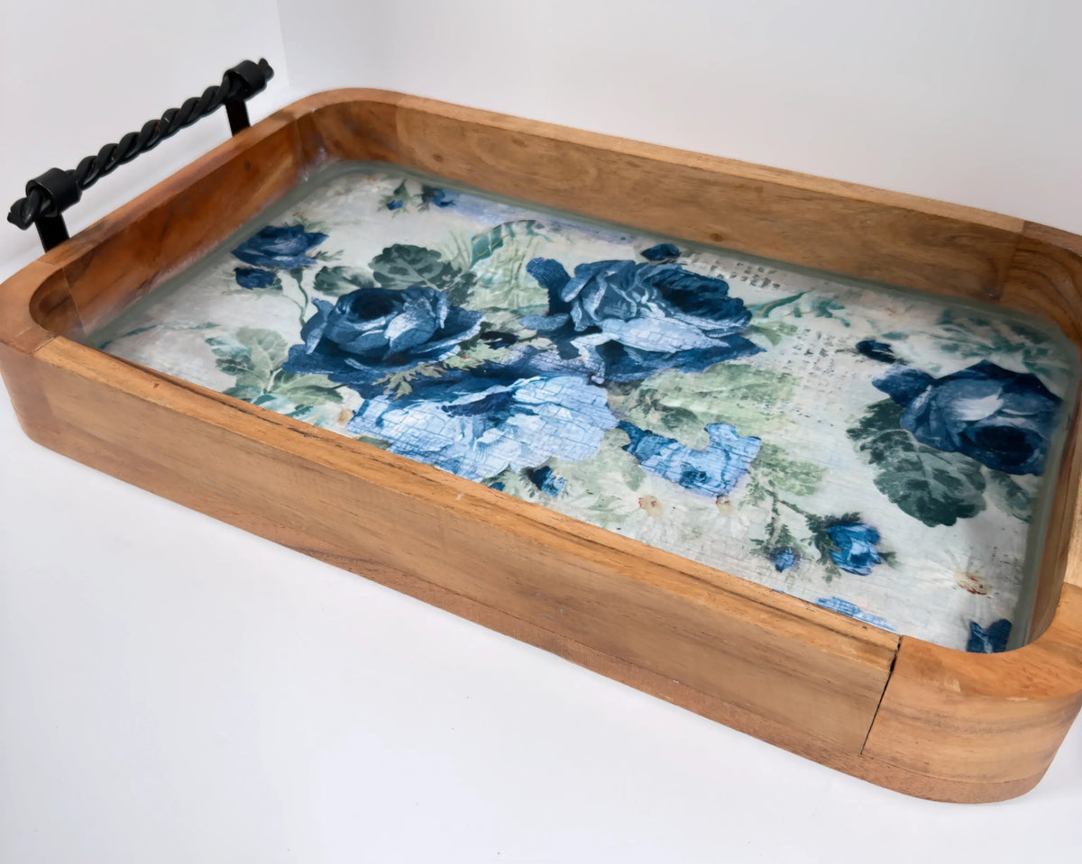 Blue Rose Wood Tray, 16 x 10 Inches Decorative Tray, Iron Handles