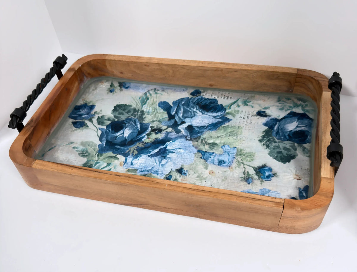 Blue Rose Wood Tray, 16 x 10 Inches Decorative Tray, Iron Handles