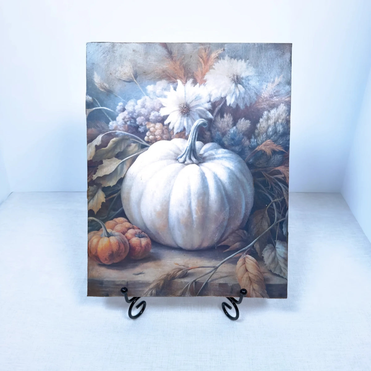 White Pumpkin Sign, 8"x10" Wooden Autumn Floral Wall Decor Plaque