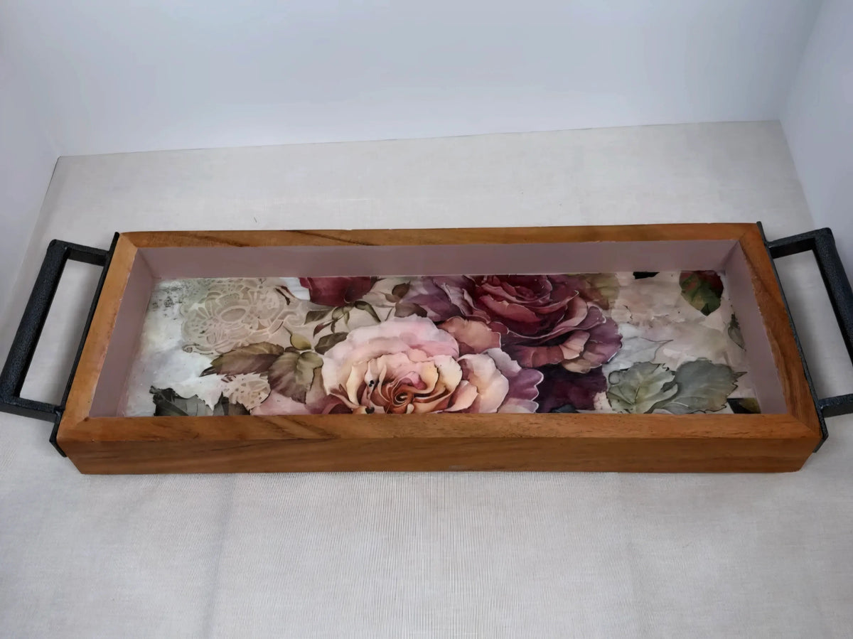 Long Floral Wood Tray, Iron Handles, Burgundy Pink Roses, 19"x6"
