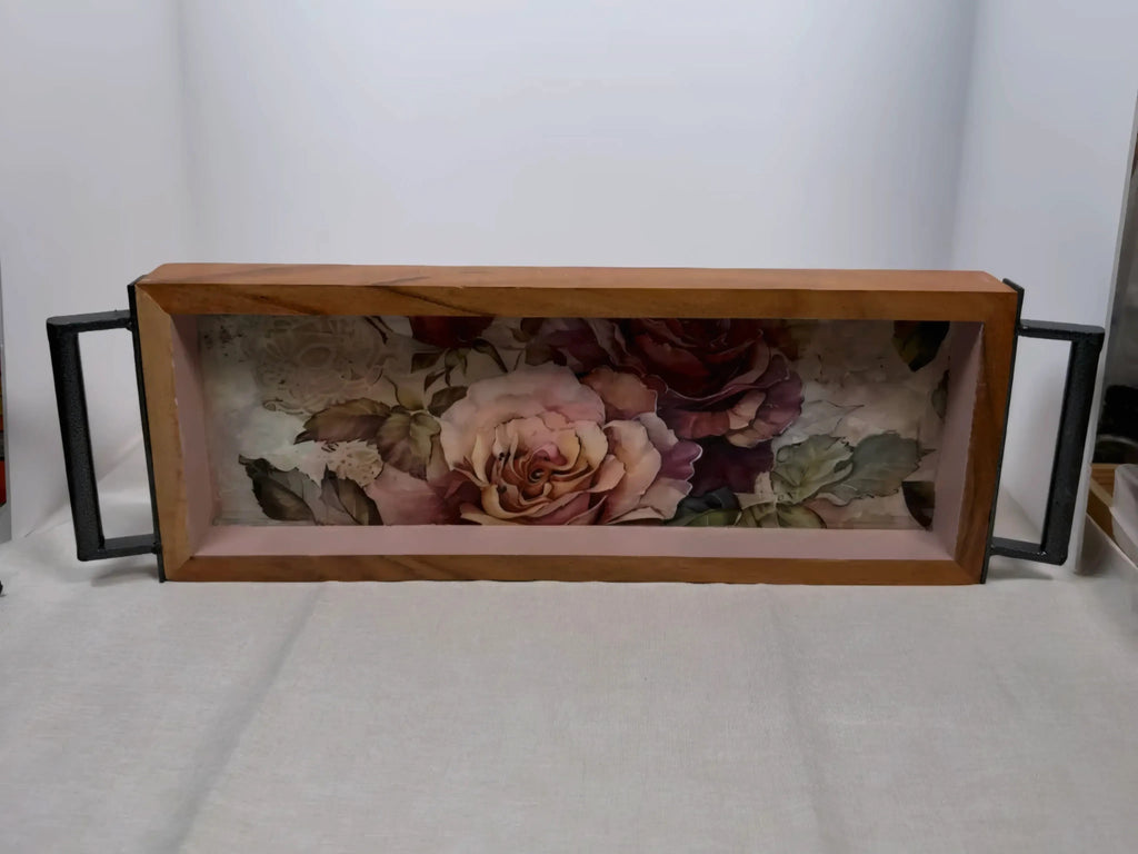 Long Floral Wood Tray, Iron Handles, Burgundy Pink Roses, 19"x6"
