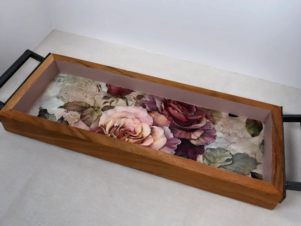 Long Floral Wood Tray, Iron Handles, Burgundy Pink Roses, 19"x6"