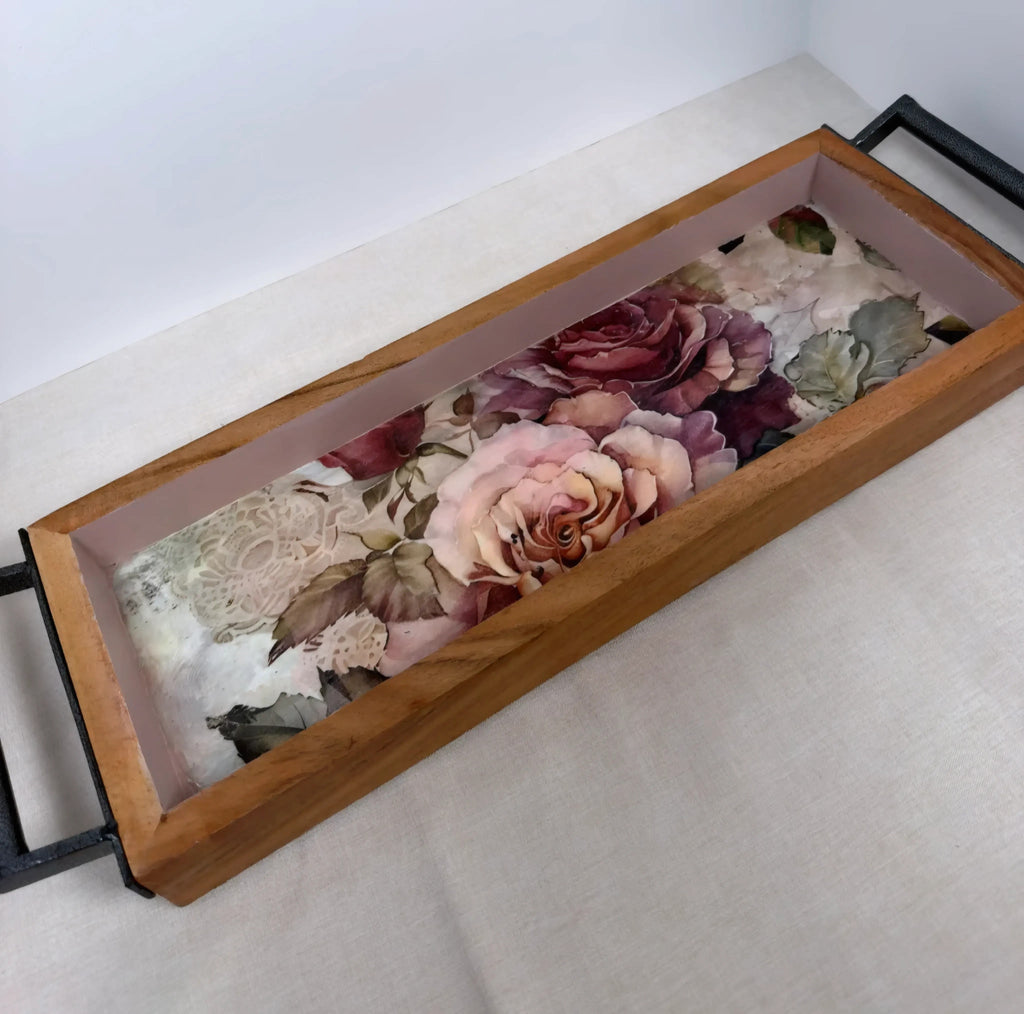 Long Floral Wood Tray, Iron Handles, Burgundy Pink Roses, 19"x6"