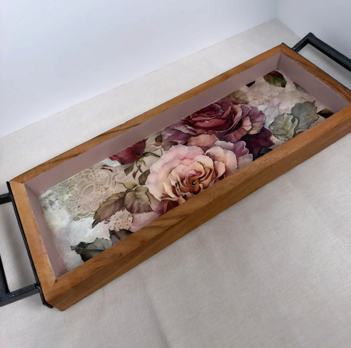 Long Floral Wood Tray, Iron Handles, Burgundy Pink Roses, 19"x6"