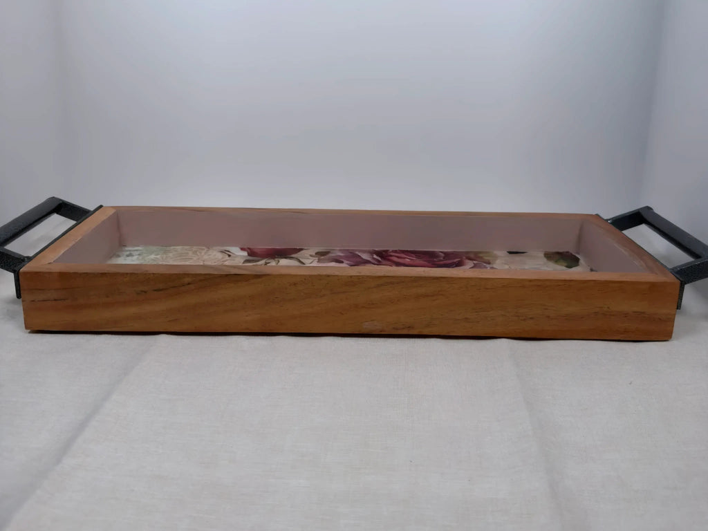 Long Floral Wood Tray, Iron Handles, Burgundy Pink Roses, 19"x6"