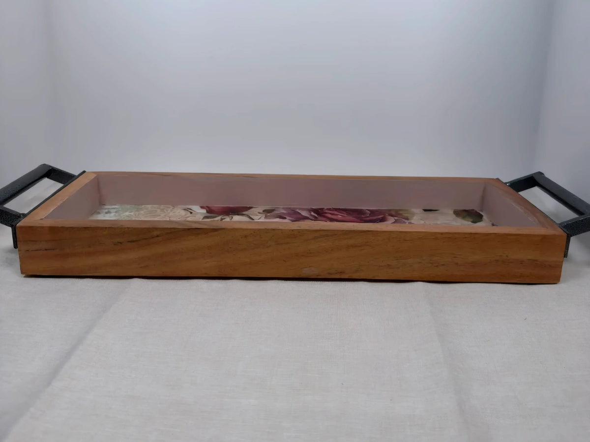 Long Floral Wood Tray, Iron Handles, Burgundy Pink Roses, 19"x6"