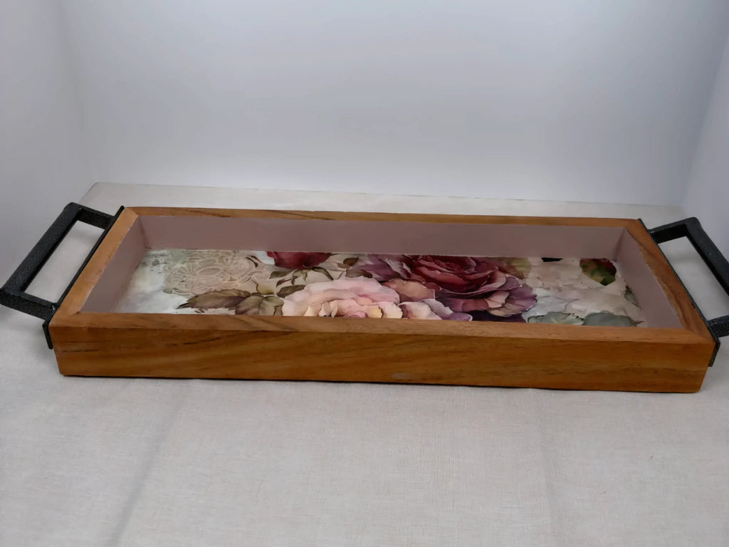 Long Floral Wood Tray, Iron Handles, Burgundy Pink Roses, 19"x6"