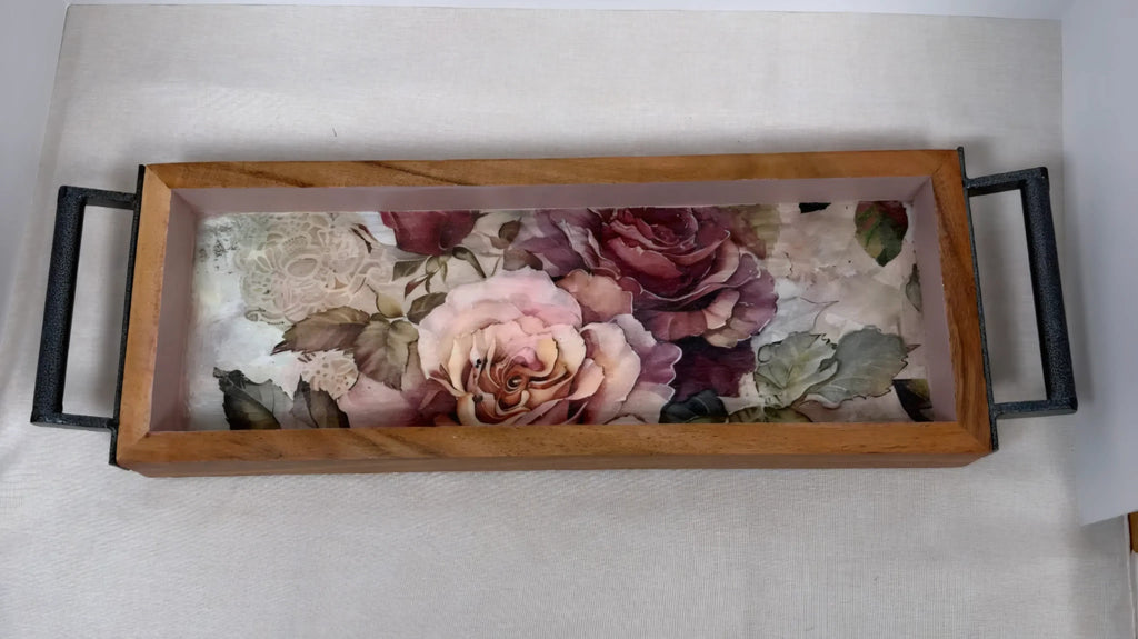 Long Floral Wood Tray, Iron Handles, Burgundy Pink Roses, 19"x6"