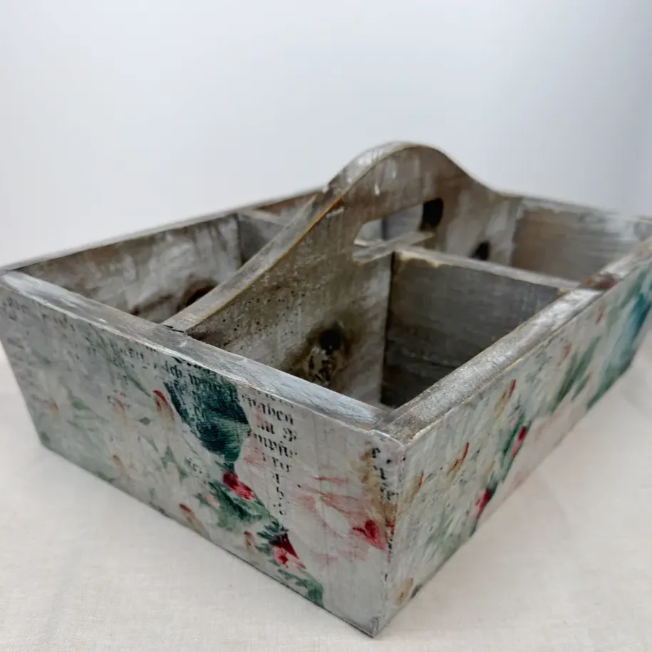 Floral Wood Caddy, 4 Compartment Farmhouse Storage, Vintage Rose