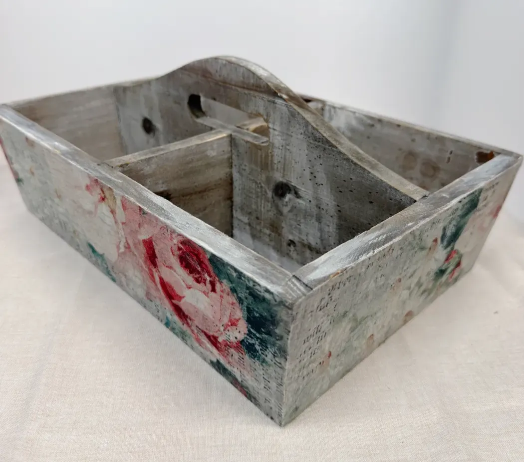 Floral Wood Caddy, 4 Compartment Farmhouse Storage, Vintage Rose