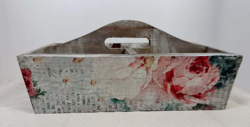 Floral Wood Caddy, 4 Compartment Farmhouse Storage, Vintage Rose