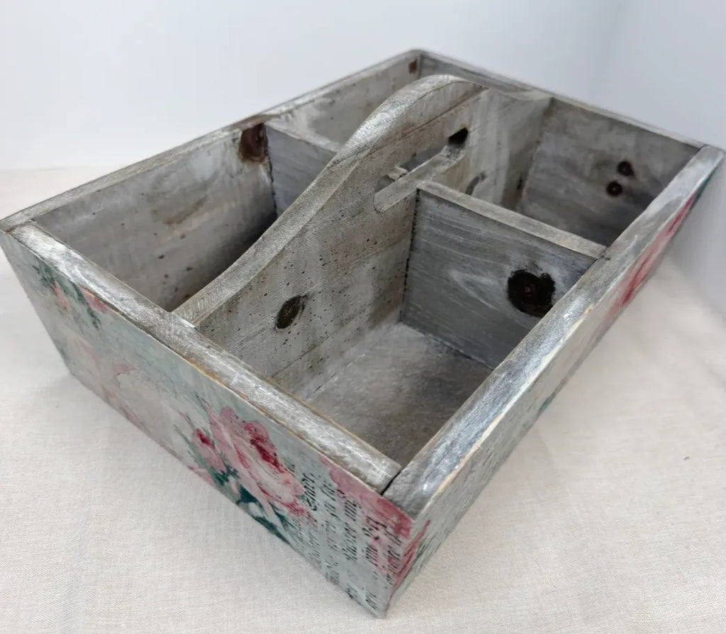 Floral Wood Caddy, 4 Compartment Farmhouse Storage, Vintage Rose