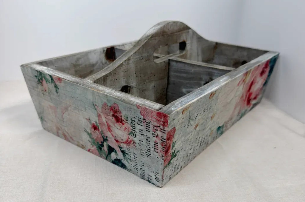 Floral Wood Caddy, 4 Compartment Farmhouse Storage, Vintage Rose
