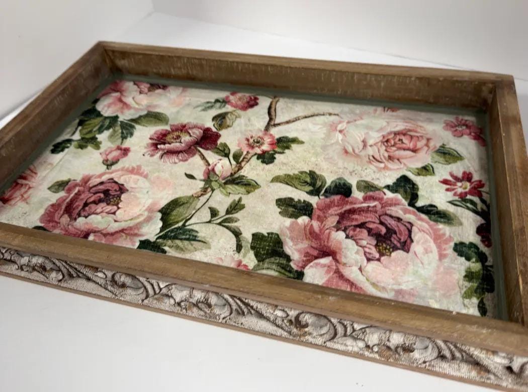 Shabby Chic Serving Tray | Pink Rose Decoupage Wood Tray 16.5x10.75 by Mikela Lindel Home