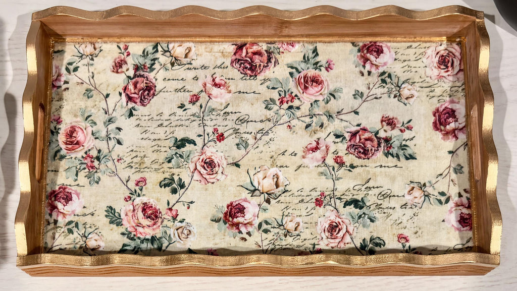 Floral Wood Tray with Gold Leaf: 17"x10"