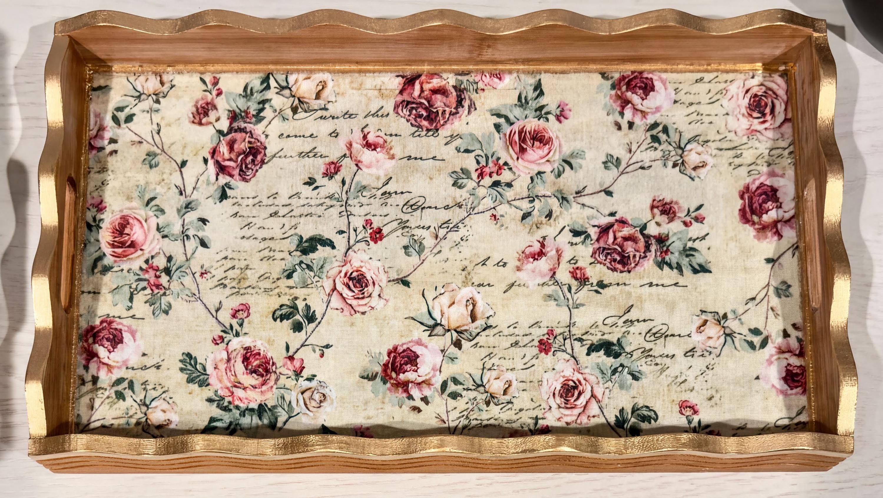Floral Wood Tray with Gold Leaf: 17"x10"
