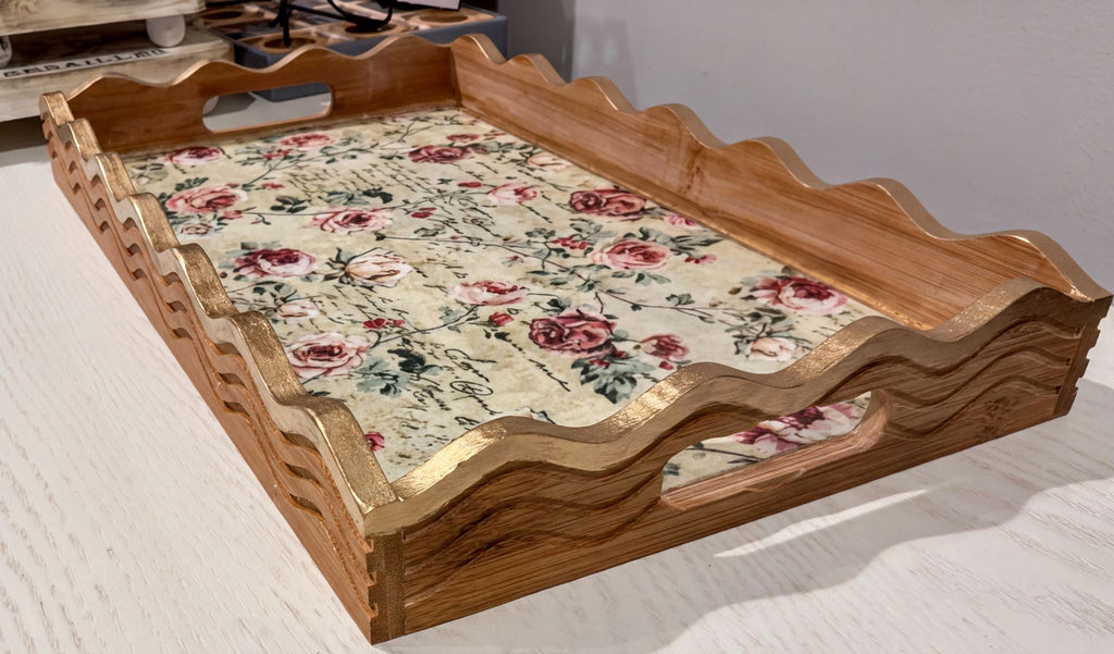 Floral Wood Tray with Gold Leaf: 17"x10"