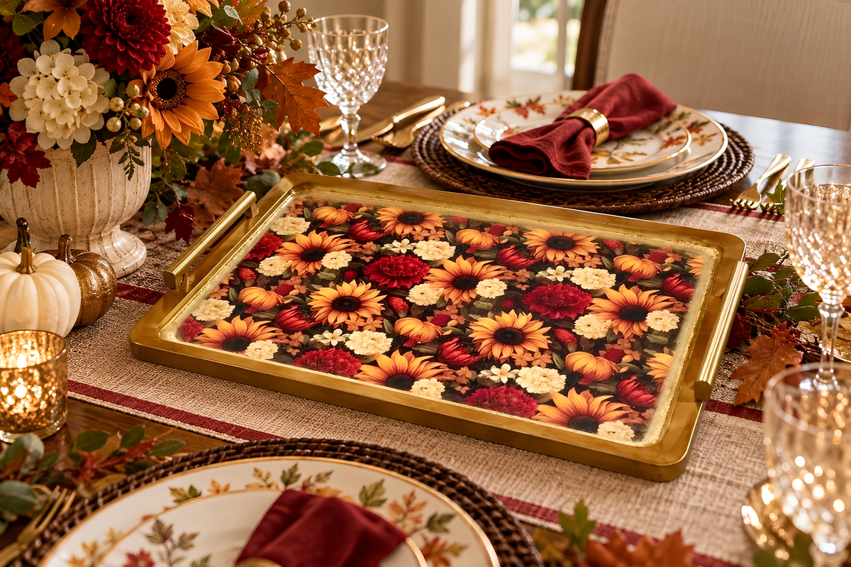 a beautifully set table for a meal, with a floral tray as the centerpiece. The table is adorned with autumn-themed decorations, including a vase of flowers, candles, and other seasonal items. The table is set with plates, napkins, and glasses, creating an inviting and festive atmosphere.