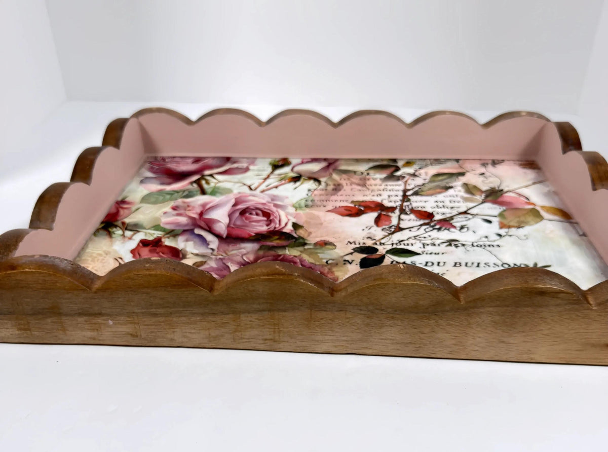 Decorative Floral Tray, Dusty Rose Wood, Wavy Edge 14.25x10.25