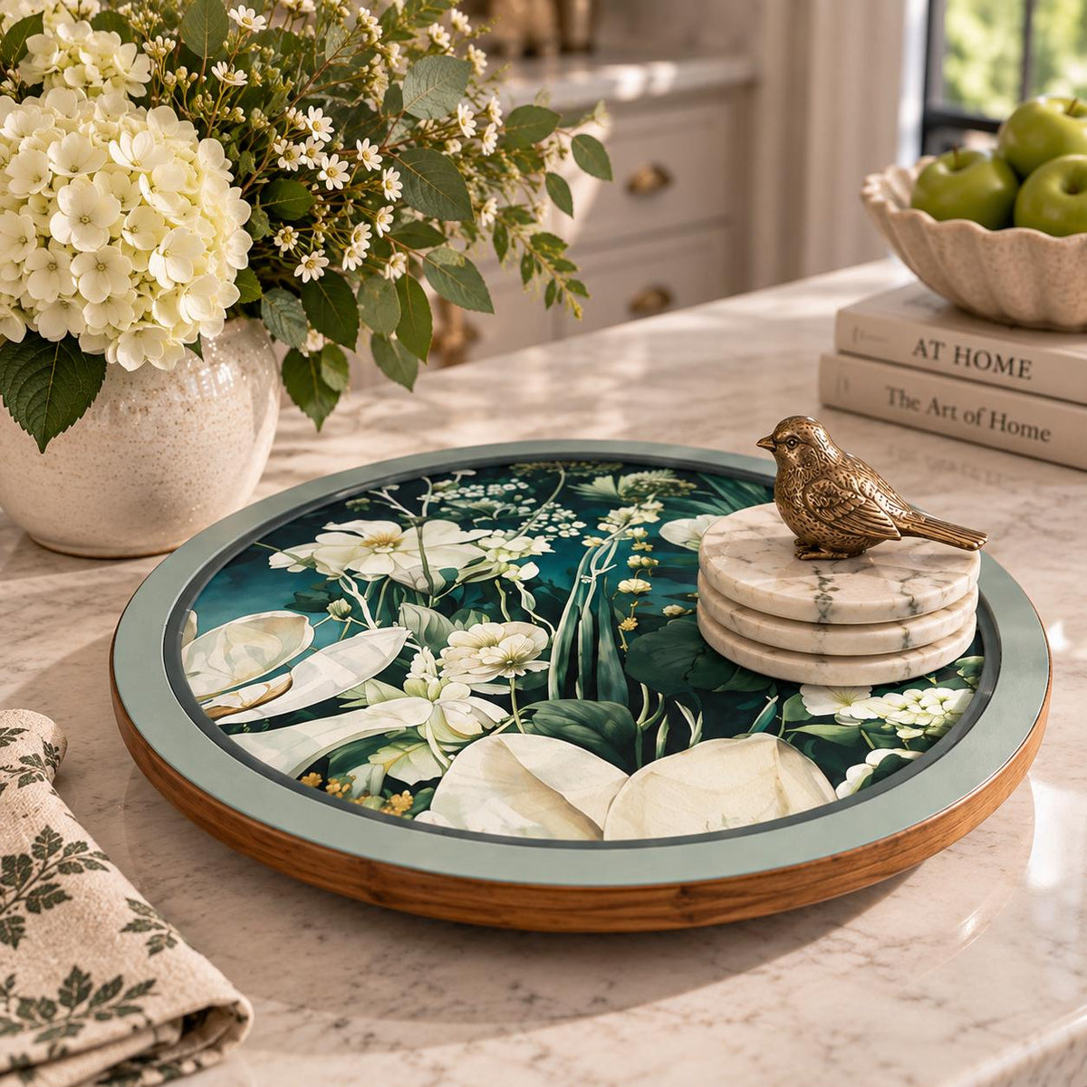 Floral Lazy Susan, Botanical Blue Green Wood Turntable, 14 Inch by Mikela Lindel Home
