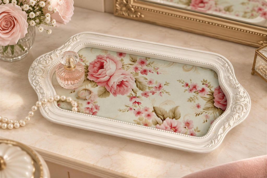 a decorative tray with a floral pattern, placed on a marble countertop. The tray has a white frame and is adorned with a pink floral design. A bottle of perfume is also present on the tray, along with a pearl necklace.