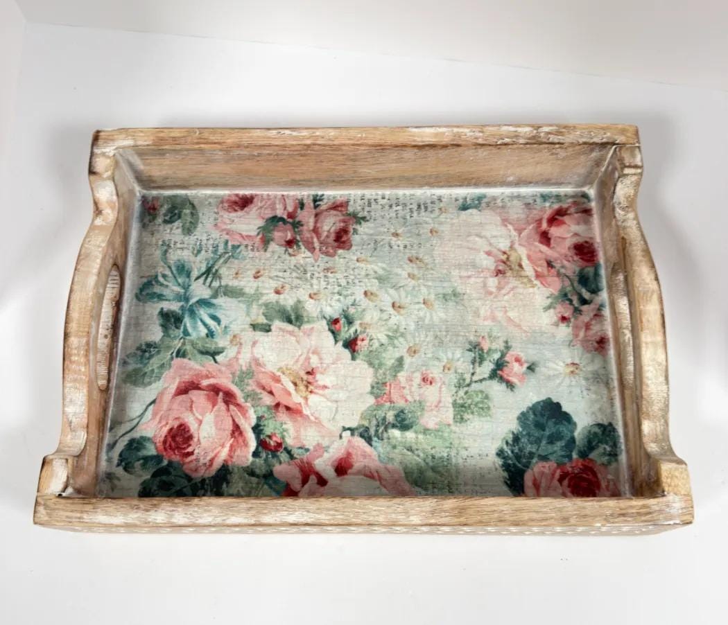 Floral Decorative Wood Tray, White Distressed Finish, 14 X 10 In