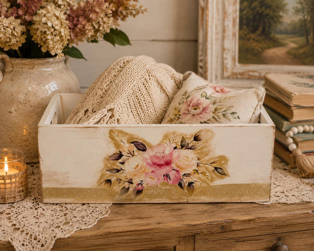 Shabby Chic Wood Crate, Whitewashed Rose Box 14"x9.75x4.75 by Mikela Lindel Home