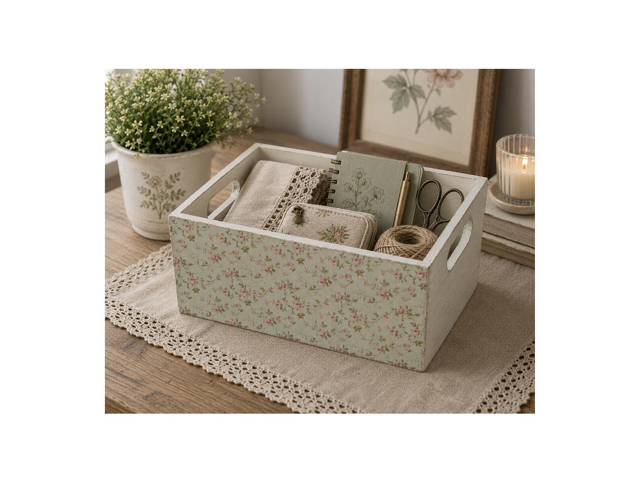 Whitewashed Light Green Floral Box: 8.5"x6.25"x4"