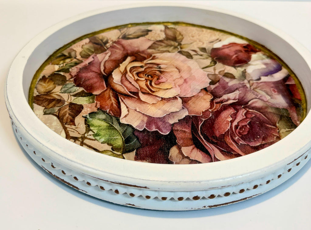 Vintage Floral Tray | Roses, 11.5-Inch Round Decoupage Tray by Mikela Lindel Home