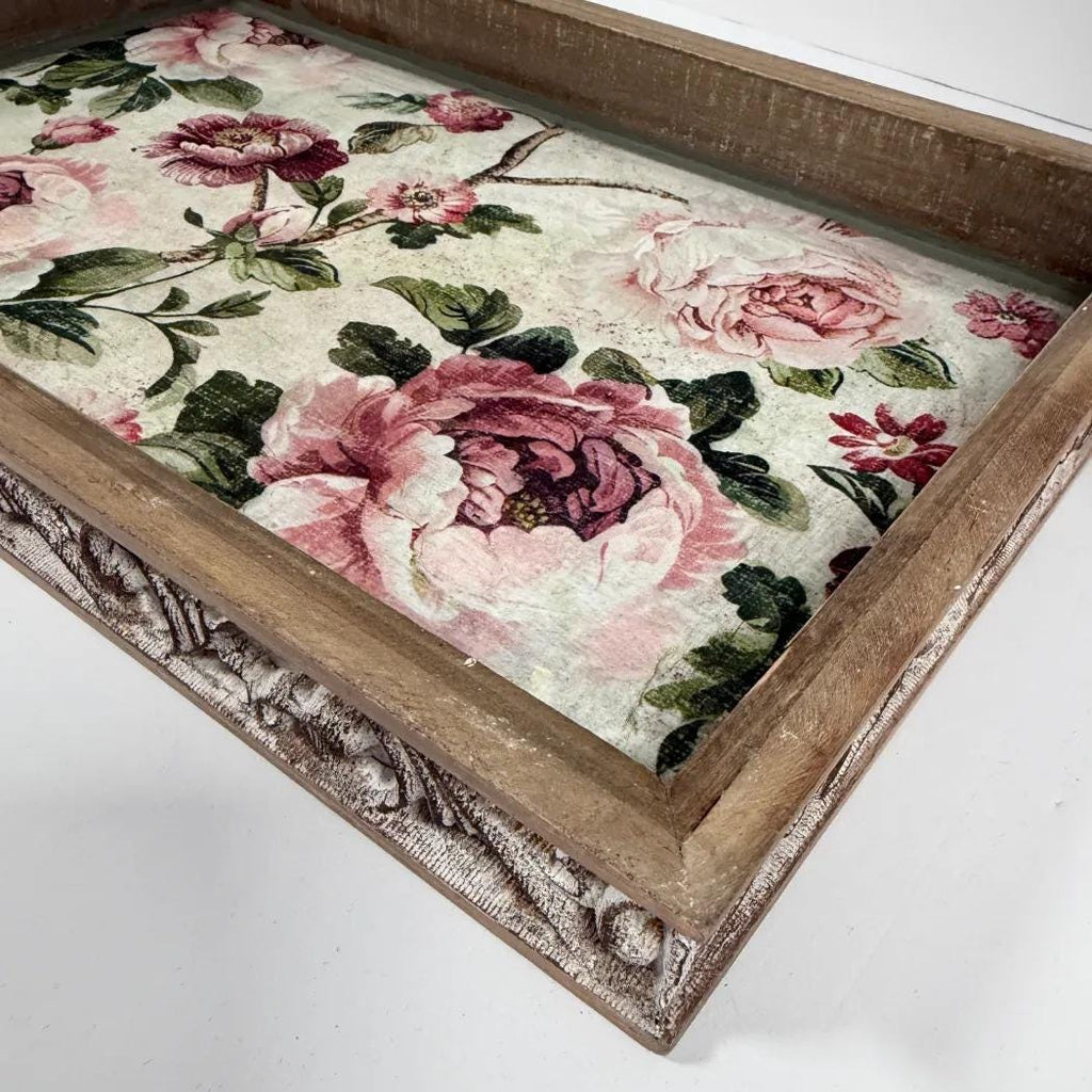 Shabby Chic Serving Tray | Pink Rose Decoupage Wood Tray 16.5x10.75 by Mikela Lindel Home
