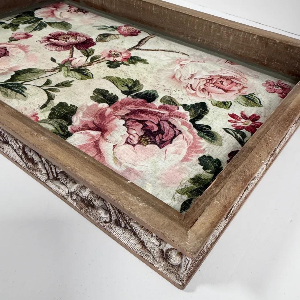 Shabby Chic Serving Tray | Pink Rose Decoupage Wood Tray 16.5x10.75 by Mikela Lindel Home