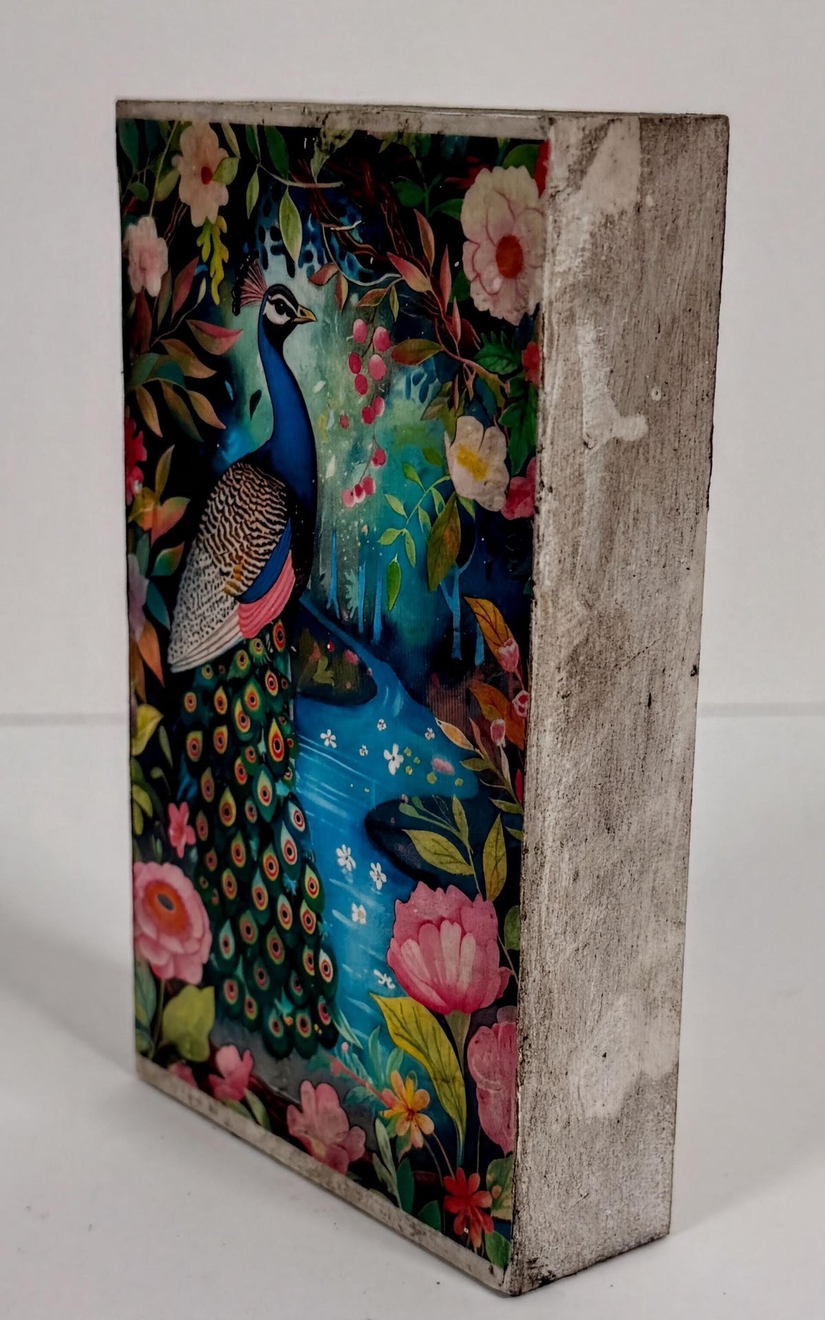 Peacock Wood Block, Vibrant Boho Decor, 3x5 Self-Standing Art by Mikela Lindel Home