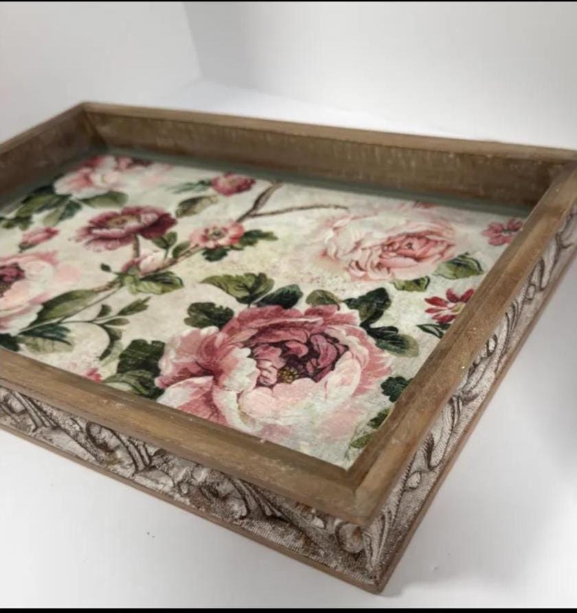 Shabby Chic Serving Tray | Pink Rose Decoupage Wood Tray 16.5x10.75 by Mikela Lindel Home