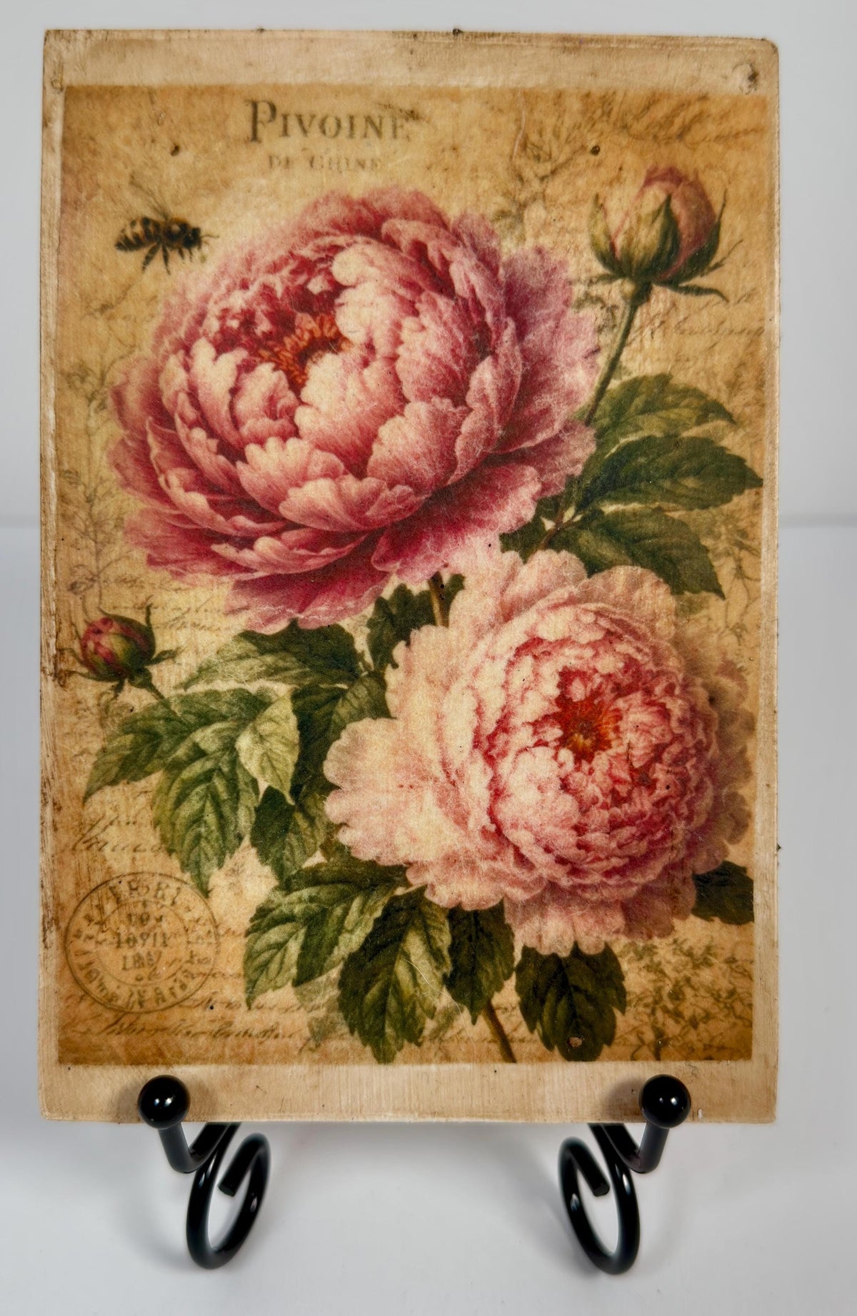 Vintage Floral Wood Sign, Pink Peony Decor, Black Metal Stand, 4X6 by Mikela Lindel Home