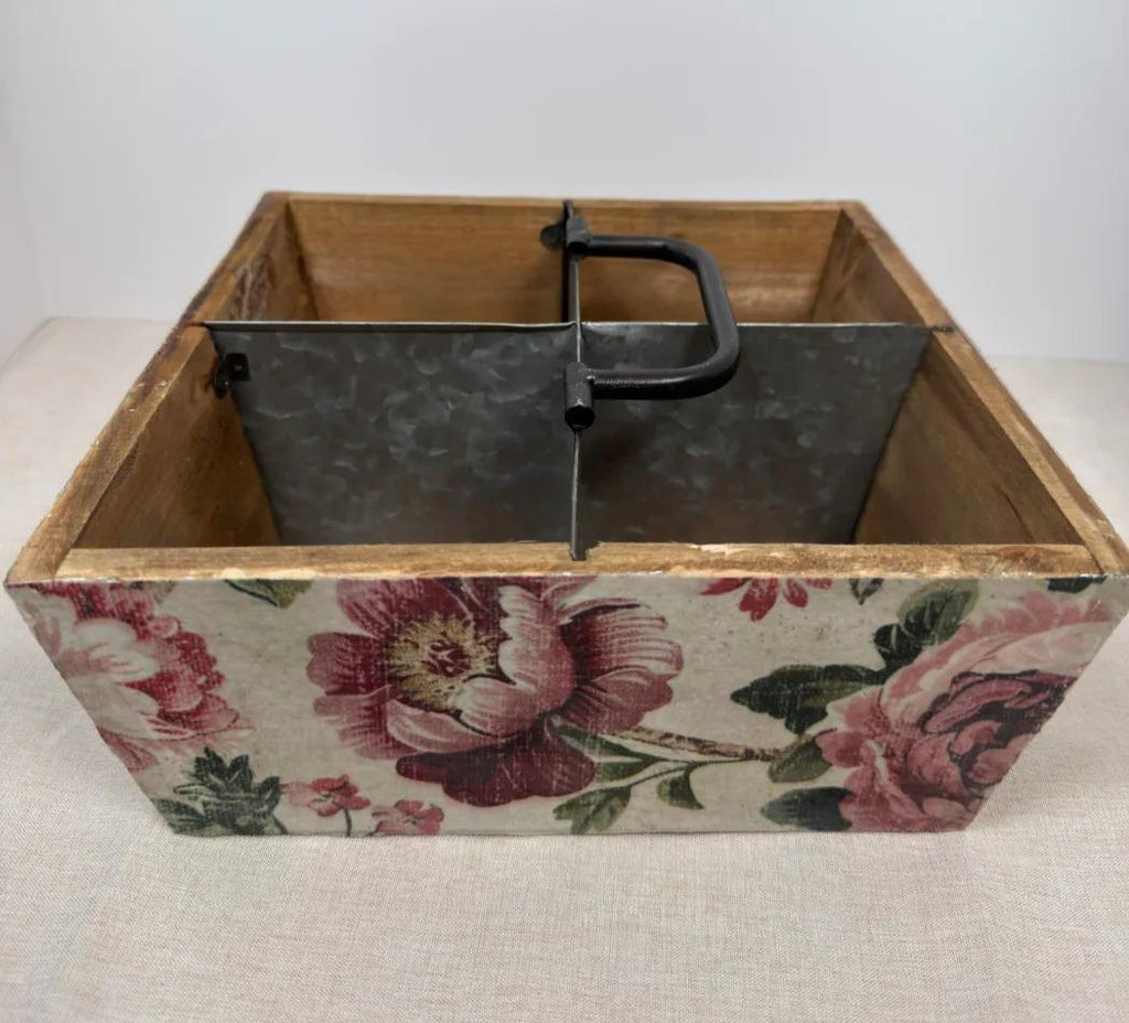 Floral Garden Tool Caddy, Wooden Organizer, 9.5 x 9.5 x 4 Inch