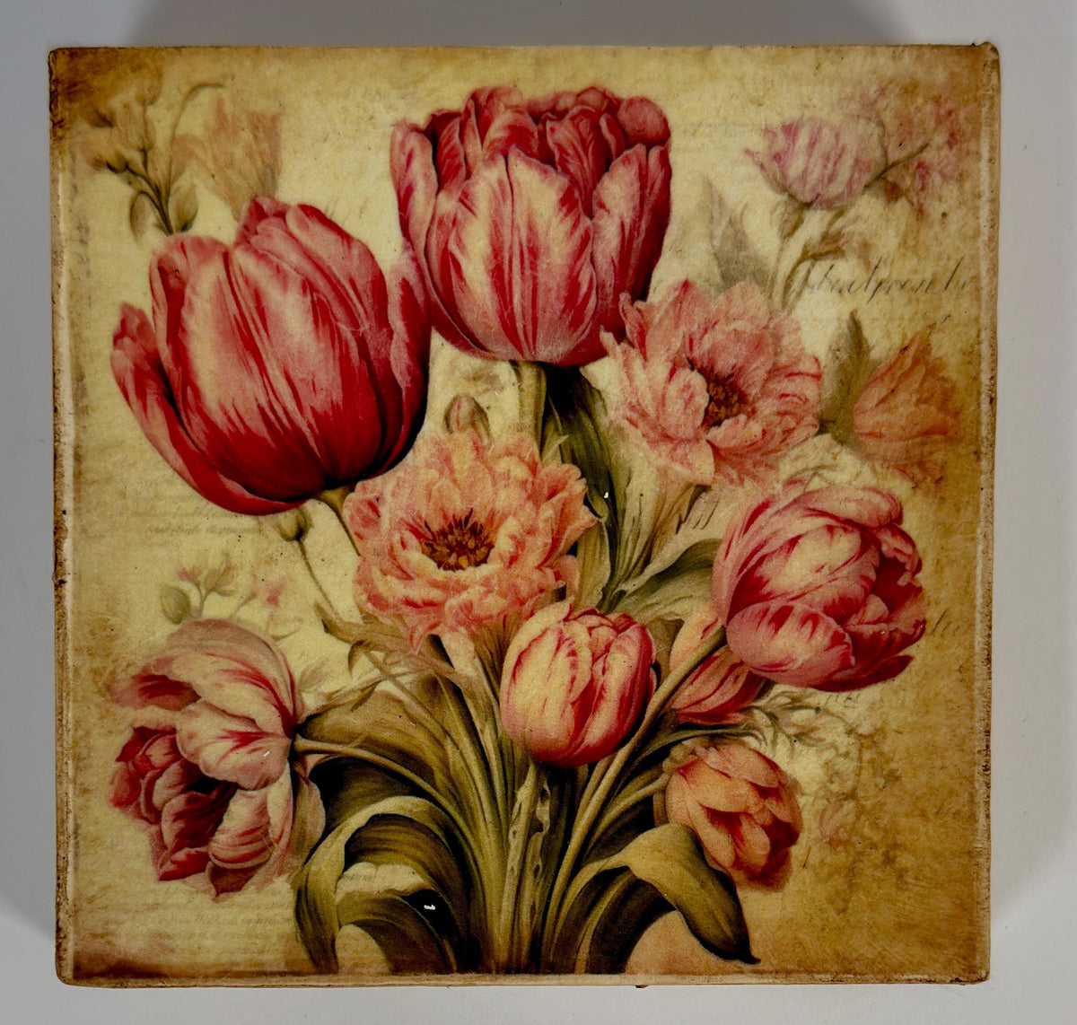 Pink Tulip Decor, Wood Shelf Sitter | Vintage Botanical Block by Mikela Lindel Home