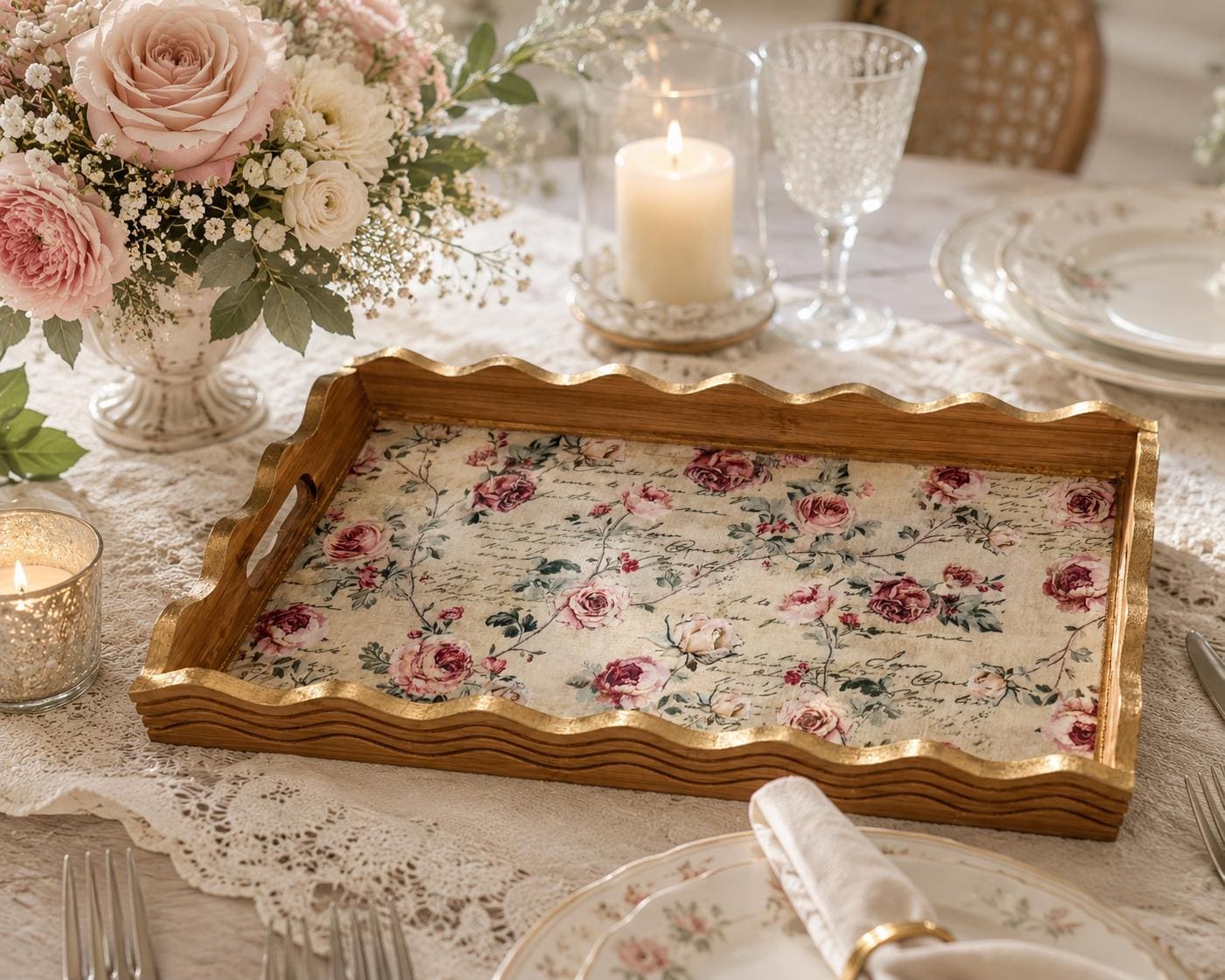 Floral Wood Tray with Gold Leaf: 17"x10"